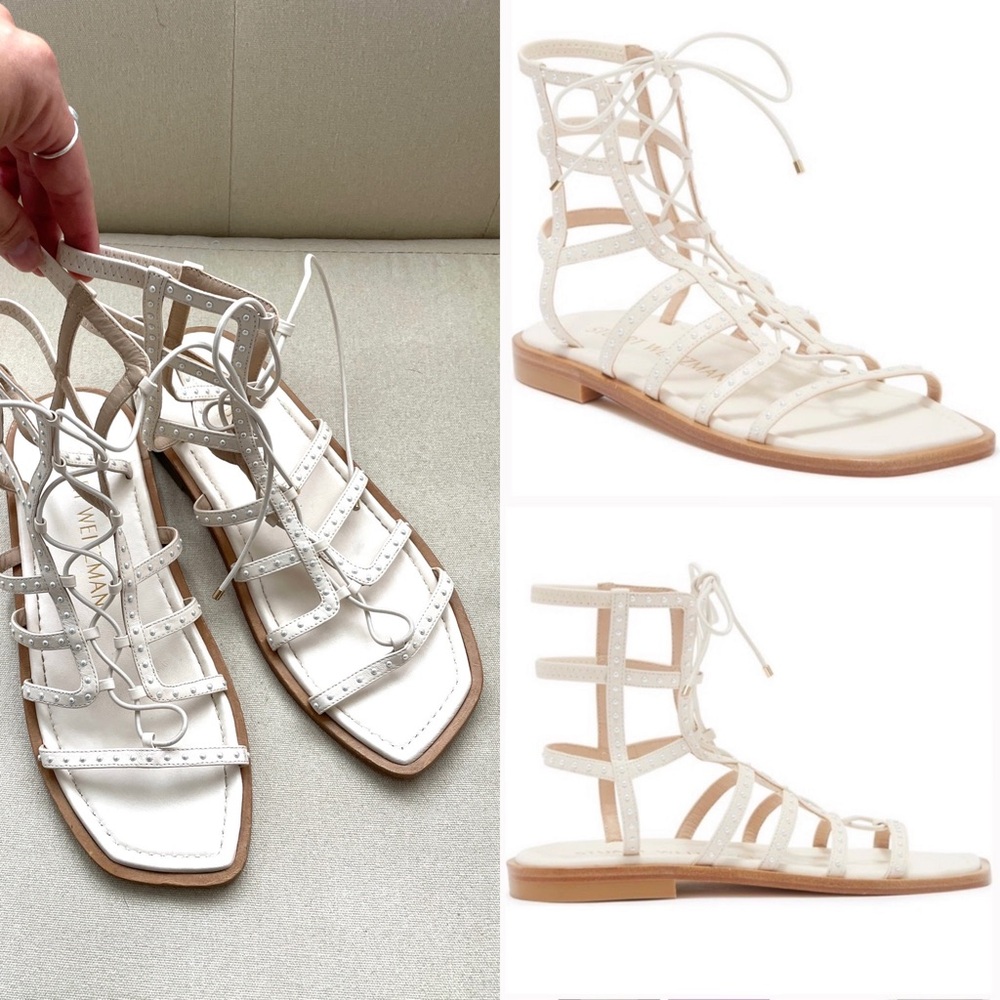 Stuart Weitzman Kora Cream Lace-Up Sandals